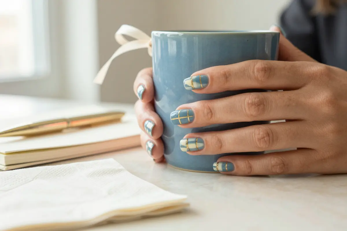 7. Dusty Blue and Cream Plaid Accents