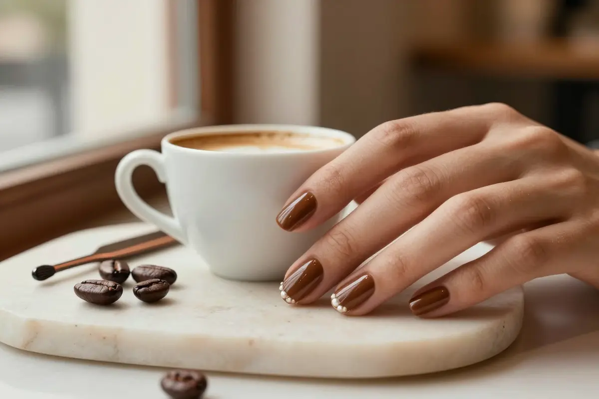 Espresso gloss nails in a rich, high-shine warm brown