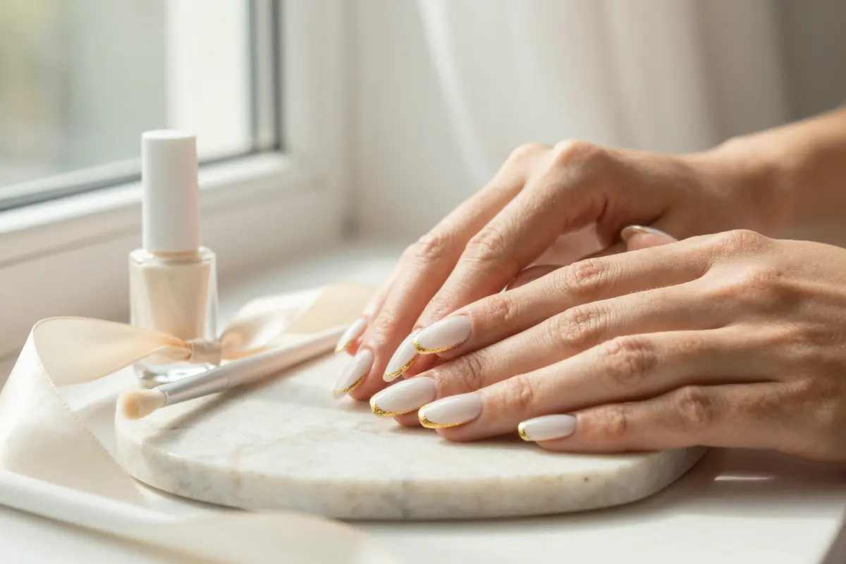 7. Milky White with Ultra-Fine Gold Cuticle Cuffs