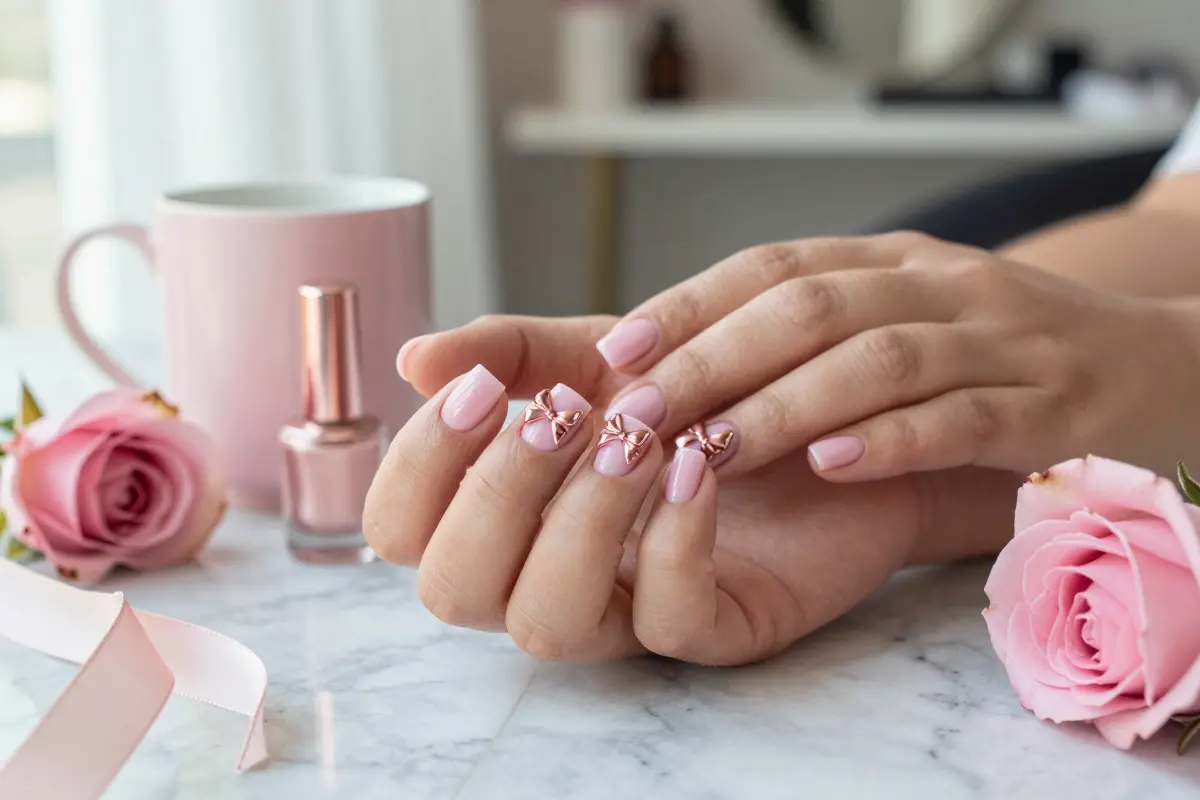 7. Sculpted 3D Gel Bows on Short Square Soft Pink Base