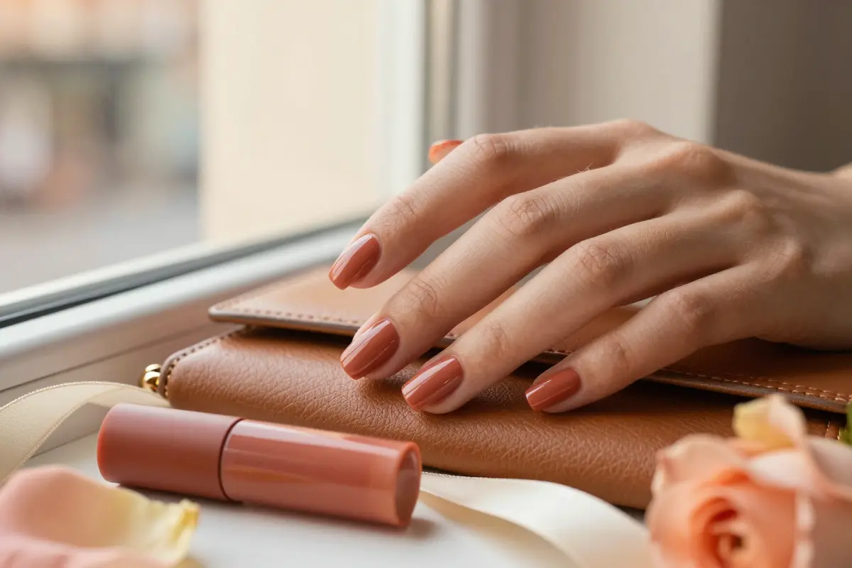 Muted clay terracotta nails in a warm orange-brown rust shade
