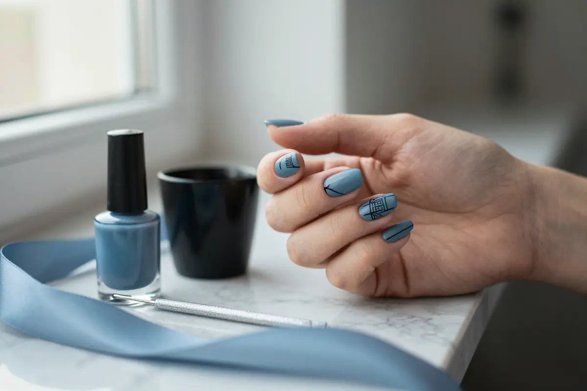 8. Muted Slate Blue and Architectural Line Art