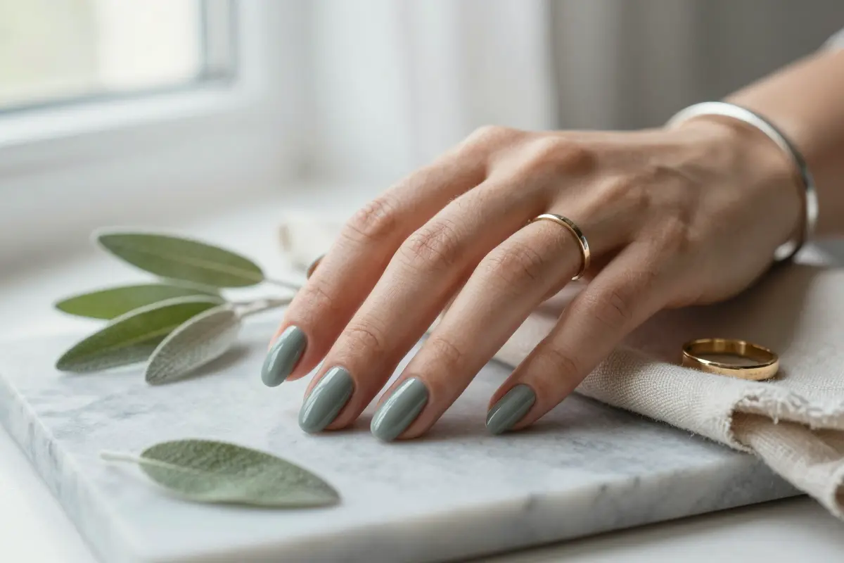 Dried sage gray nails in a desaturated gray-green
