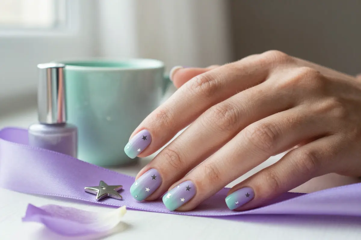 9. Matte Pastel Ombre with Tiny Hand-Painted Celestial Stars