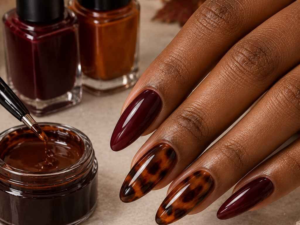 Burgundy Tortoiseshell Autumn Manicure