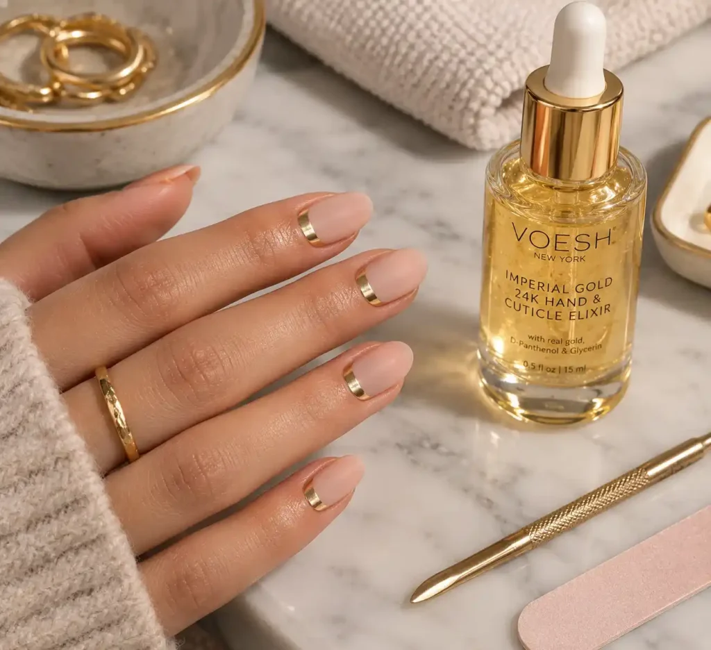 Elegant Nude Gold Manicure Still Life