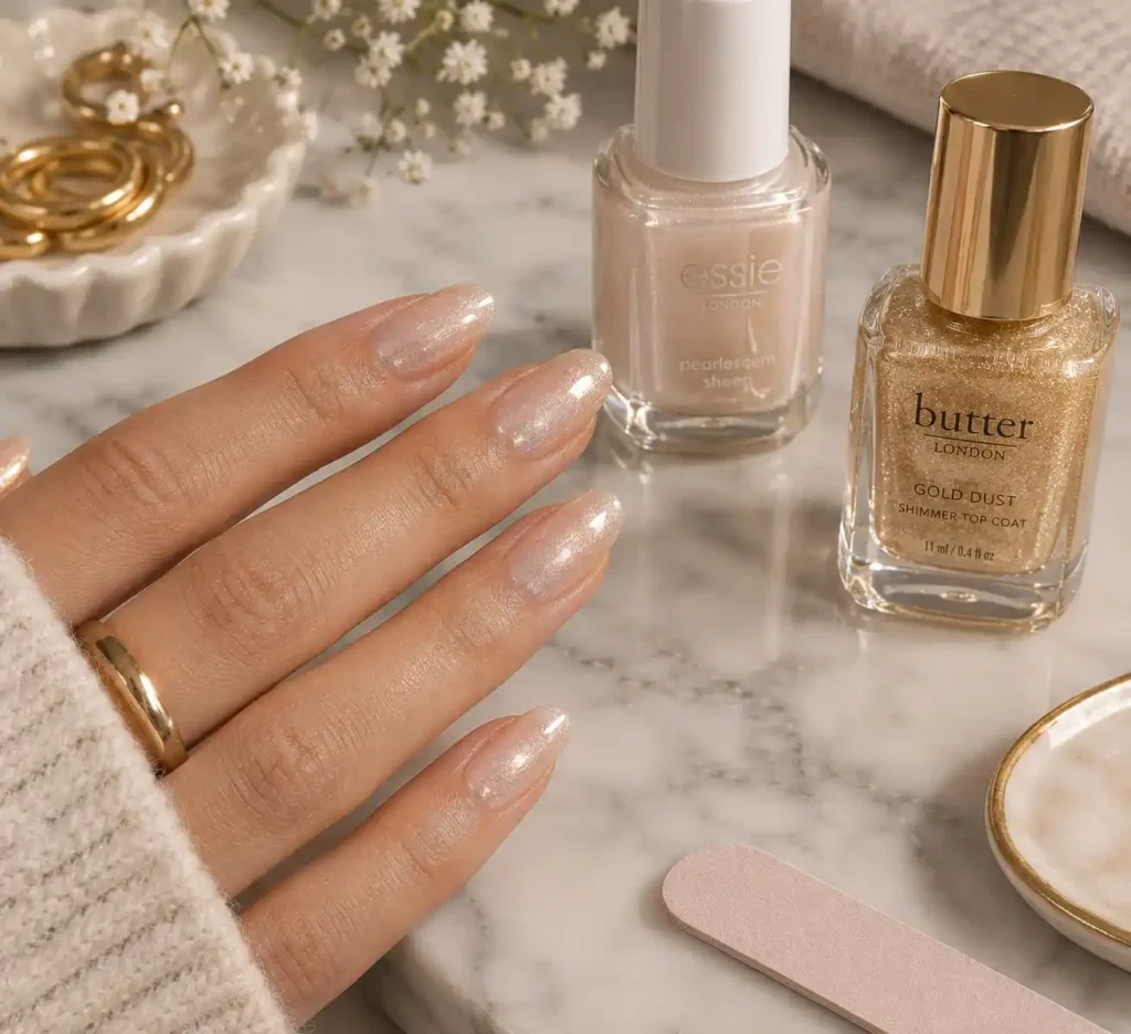 Pearlescent Manicure with Golden Shimmer