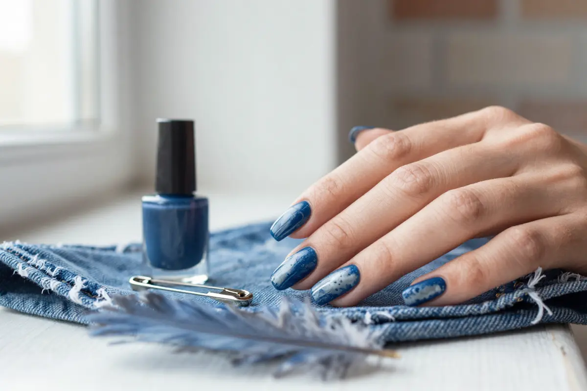 Acid wash denim blue nails with distressed edges