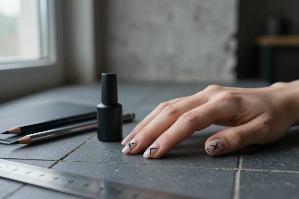 Bare nails with thin black barbed wire line art