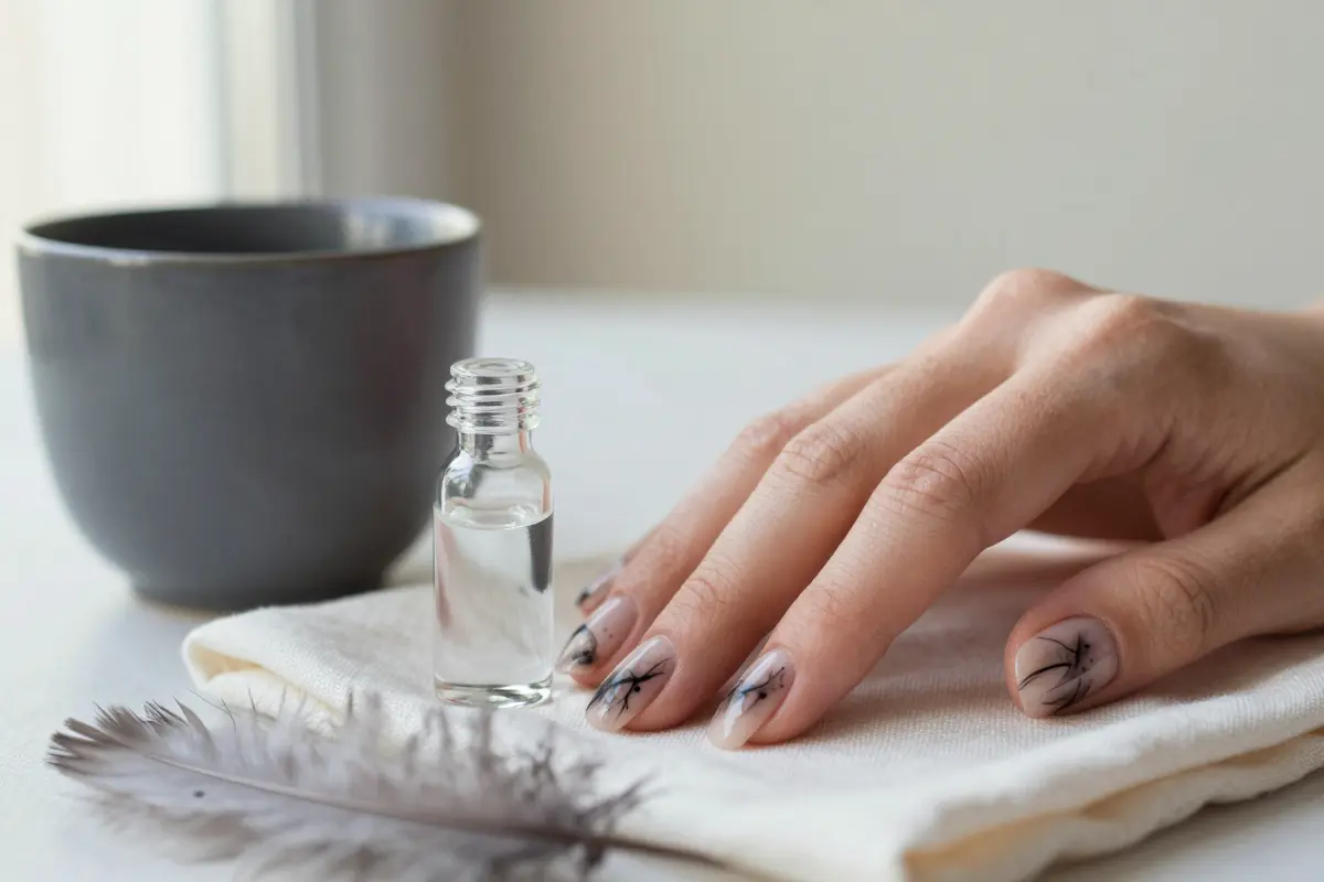 Sheer nude nails with wispy black watercolor smoke
