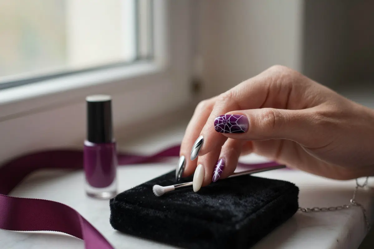 Plum-to-black ombre nails with delicate cobweb details