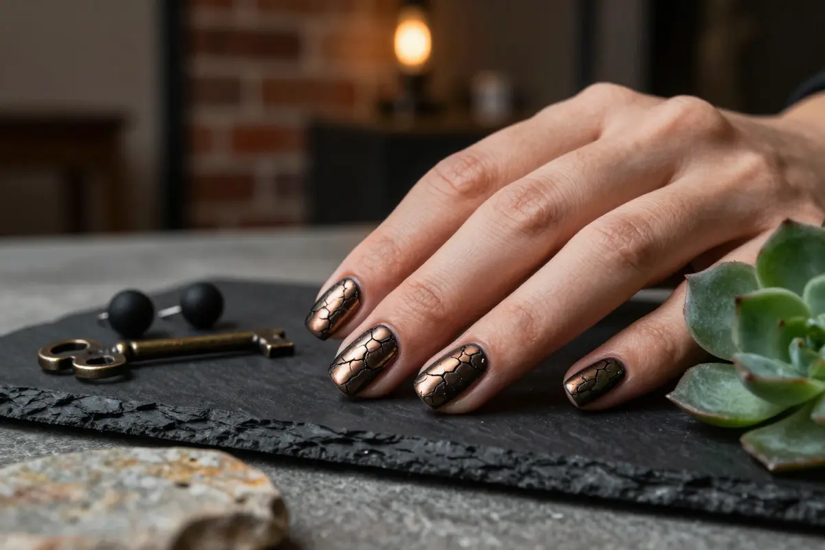 Crackle-textured nails resembling cracked earth and weathered stone