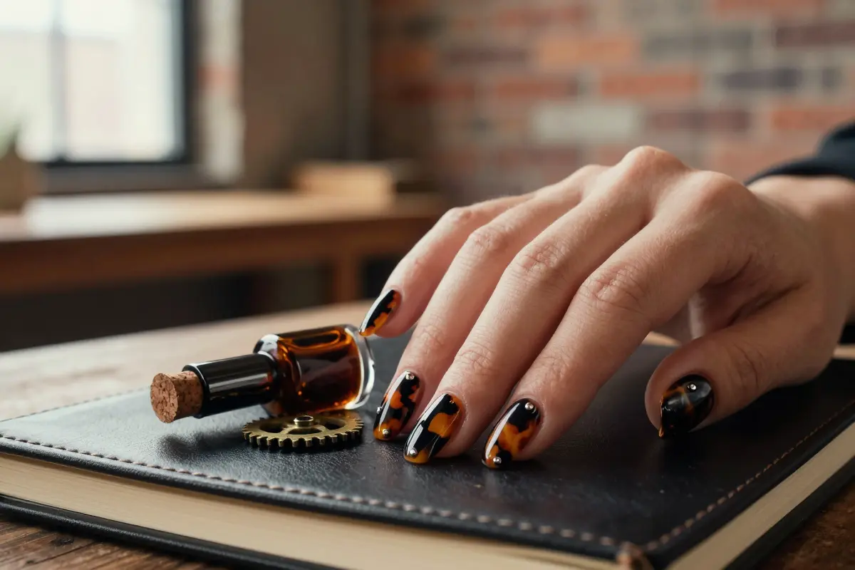 Dark tortoiseshell nails with gunmetal studs