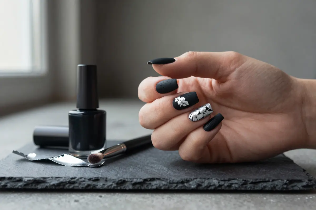 Matte black grunge nails with distressed silver foil accents