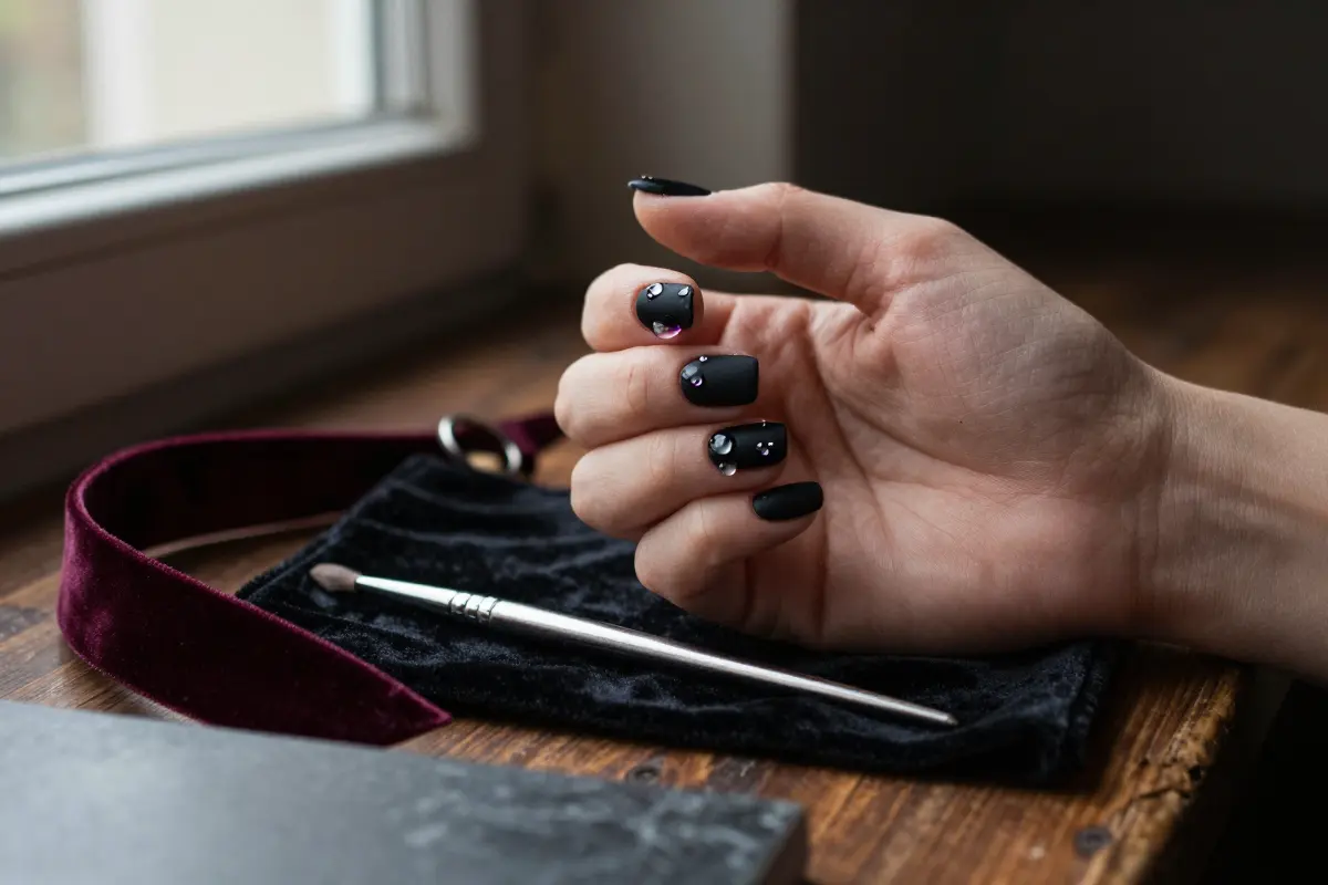 Velvet matte black nails with glossy 3D gel droplets