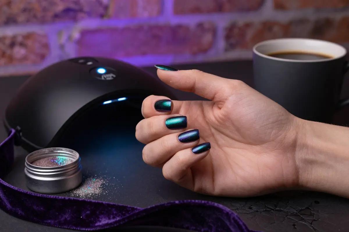 Oil slick chrome nails shifting from green to purple to black