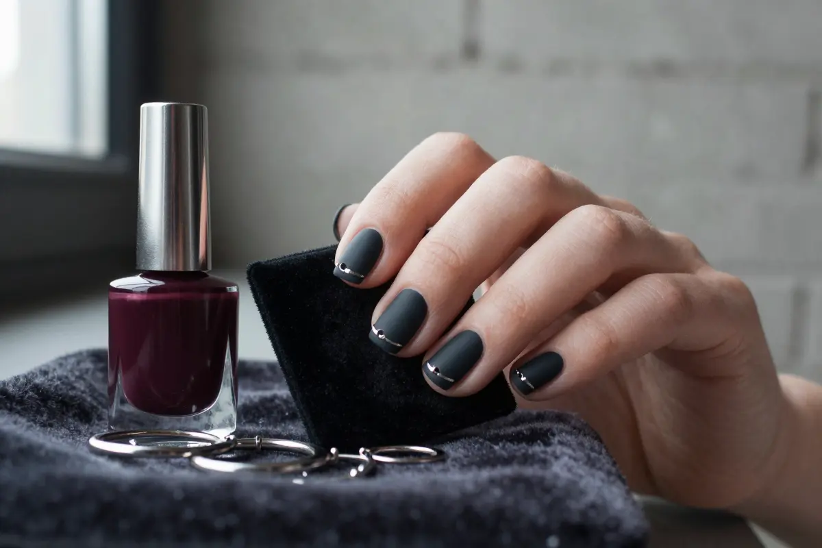 Short squoval grunge nails with tiny silver hoop piercings
