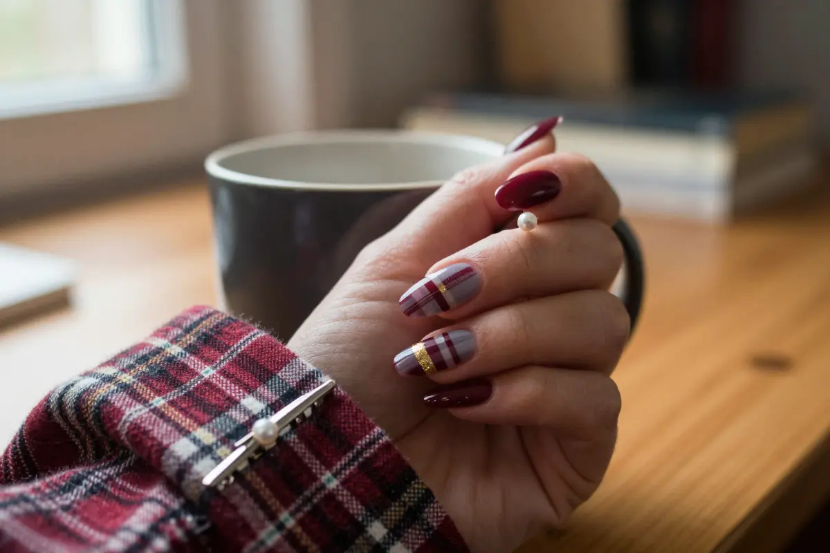 Oxblood nails with muted plaid flannel accent nails