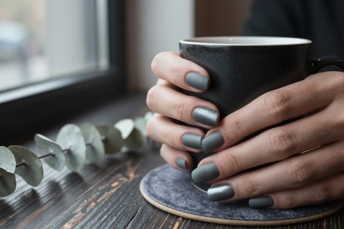 Smudged charcoal aura nails with a soft, smoky gradient
