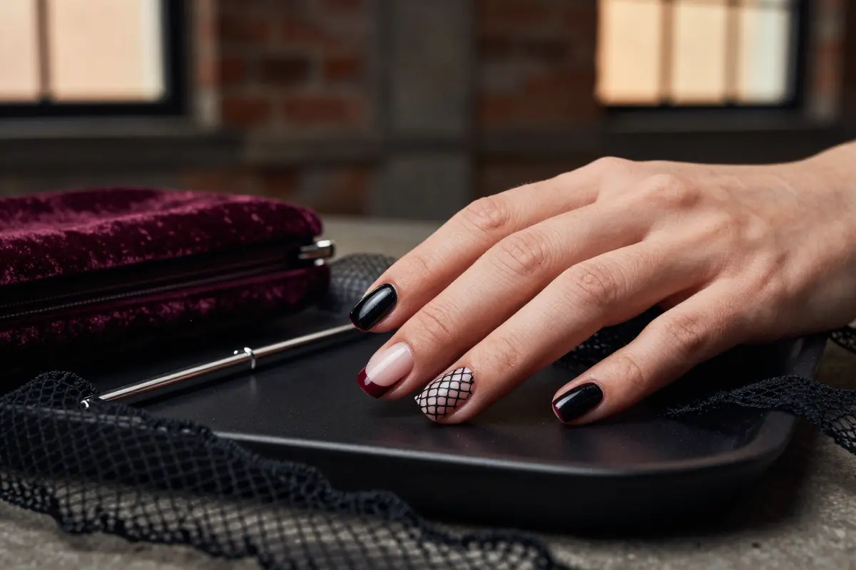 Dark French tip nails with a tattered fishnet pattern